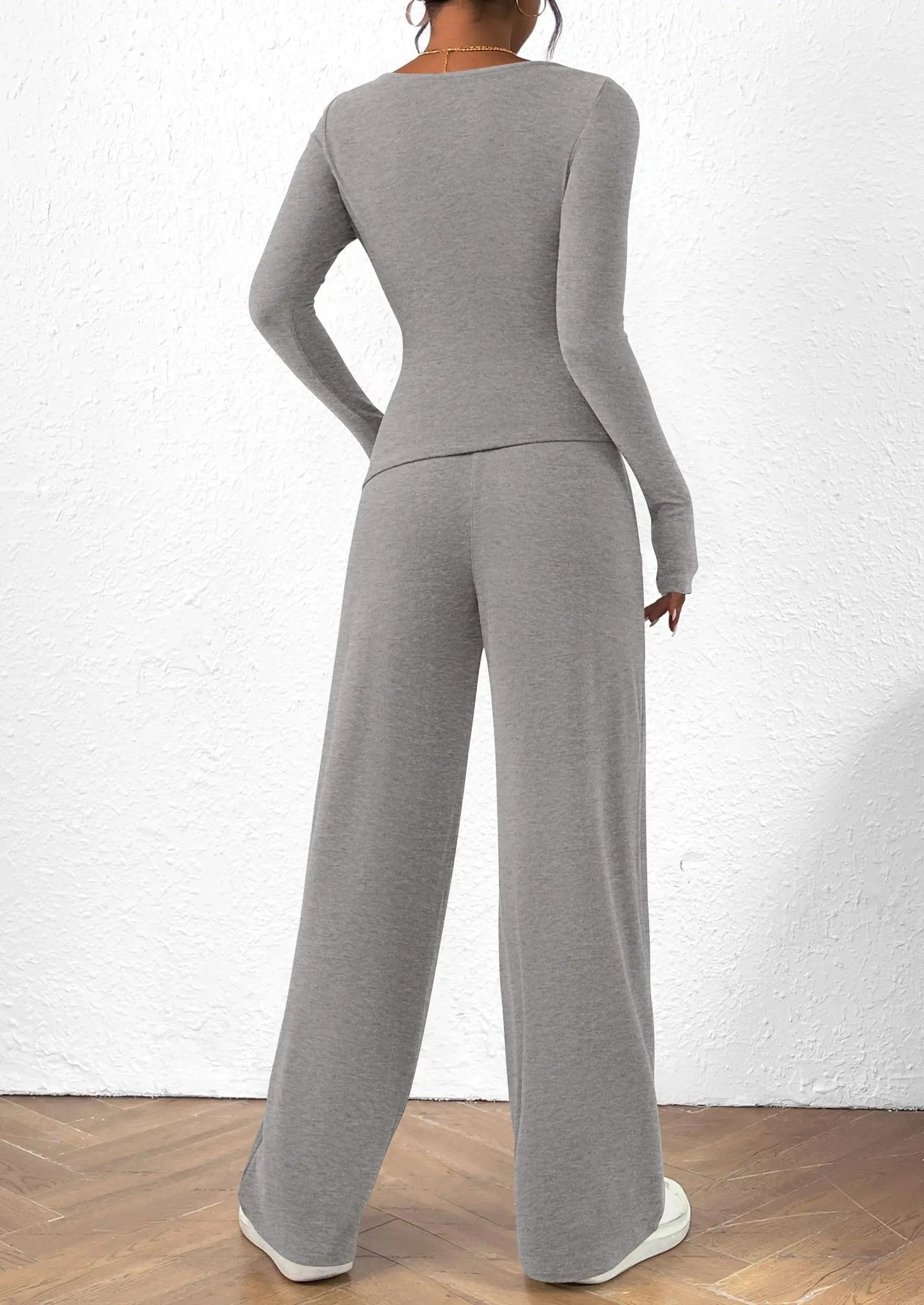 Long Sleeve T-Shirt Wide Leg Pants Casual 2 Piece Sets