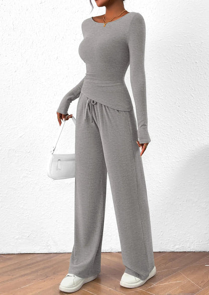 Long Sleeve T-Shirt Wide Leg Pants Casual 2 Piece Sets