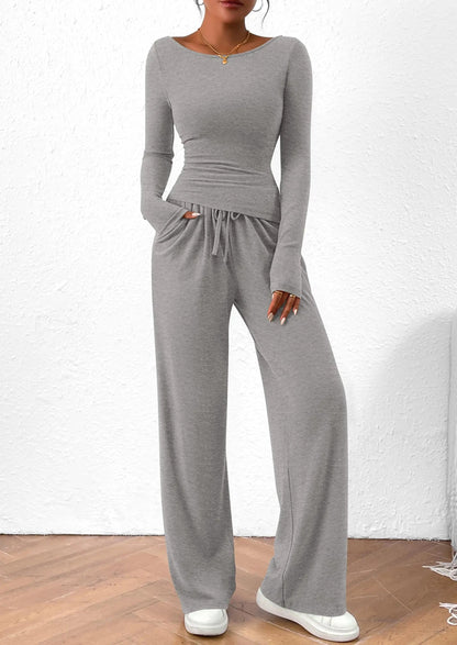 Long Sleeve T-Shirt Wide Leg Pants Casual 2 Piece Sets