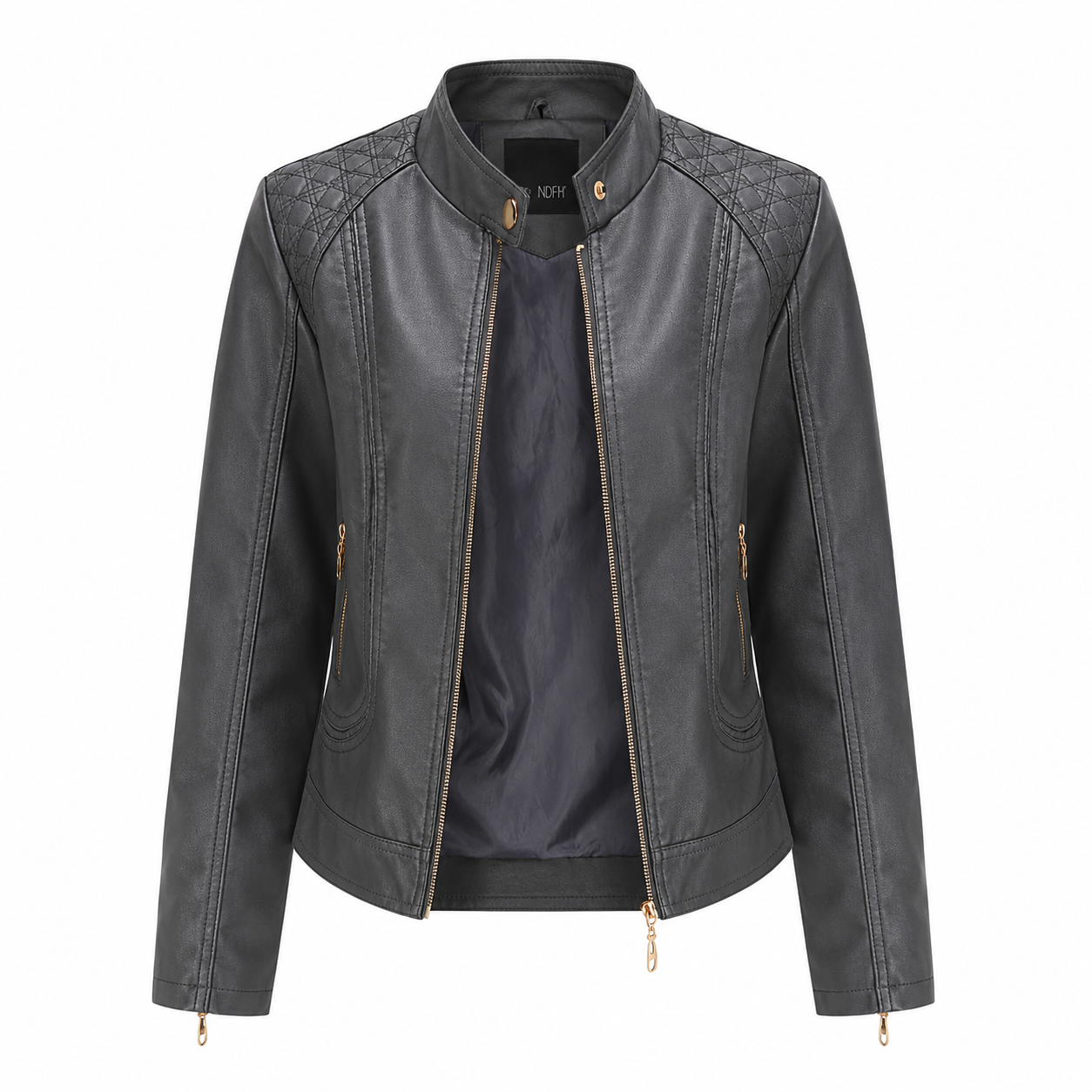 PU leather jacket with stand-up collar for women