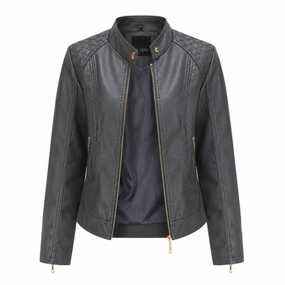 PU leather jacket with stand-up collar for women