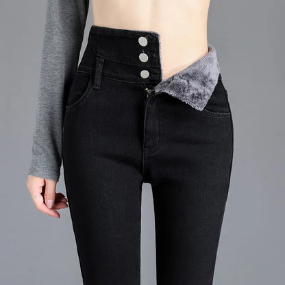Comfortable High Waist Women's Velvet Lined Jeans
