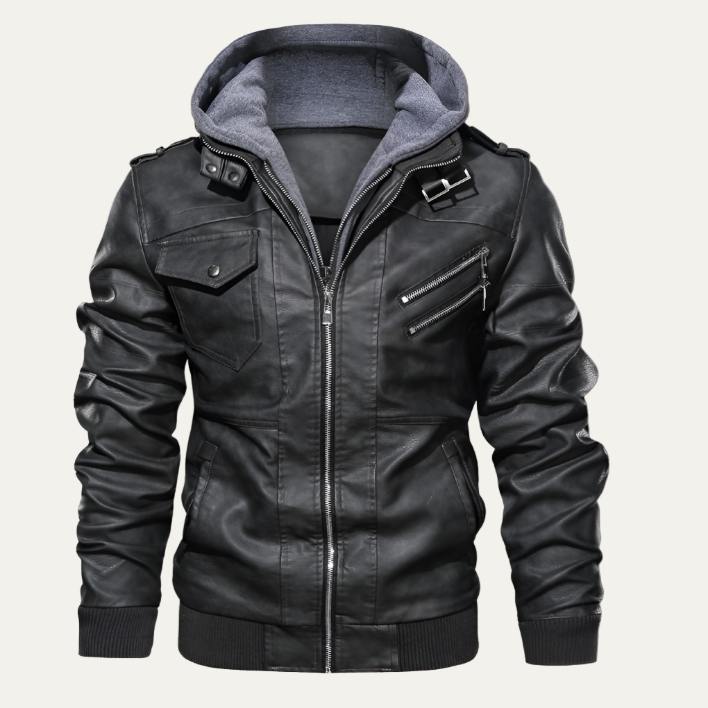 Men’s Sleek Fitted Leather Jacket with Detachable Hood