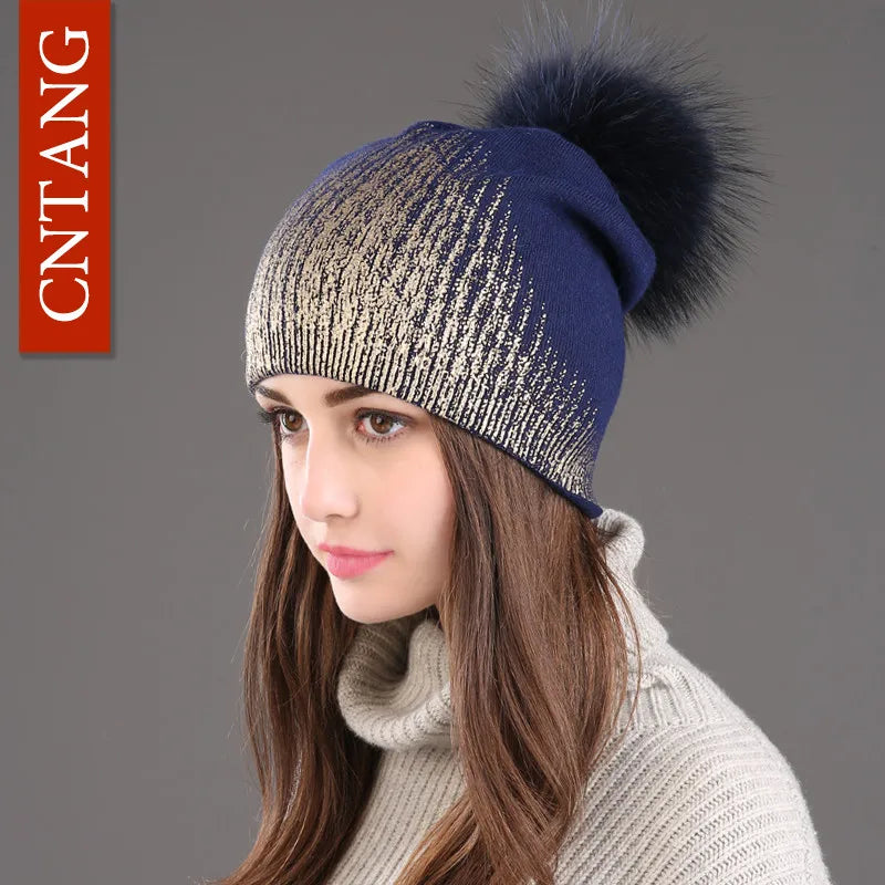 Warm Winter Knit Hat with Faux Fur Pom Pom
