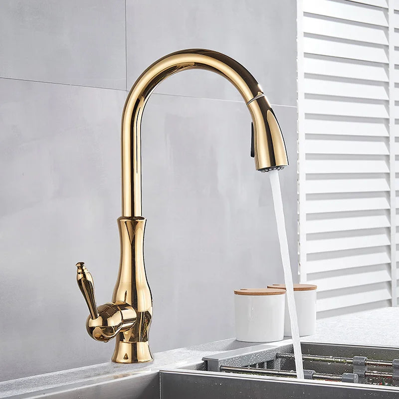 Luxury Gold Kitchen Faucet With Pull Out Spray Head