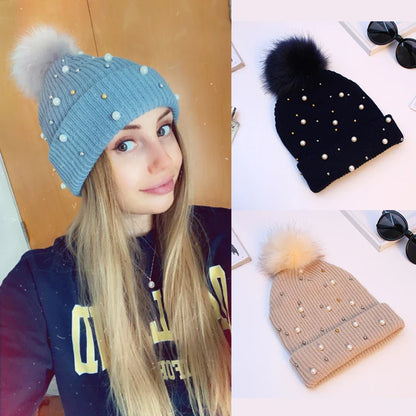 Sparkly Beaded Winter Pom Pom Hat - BritishElegance