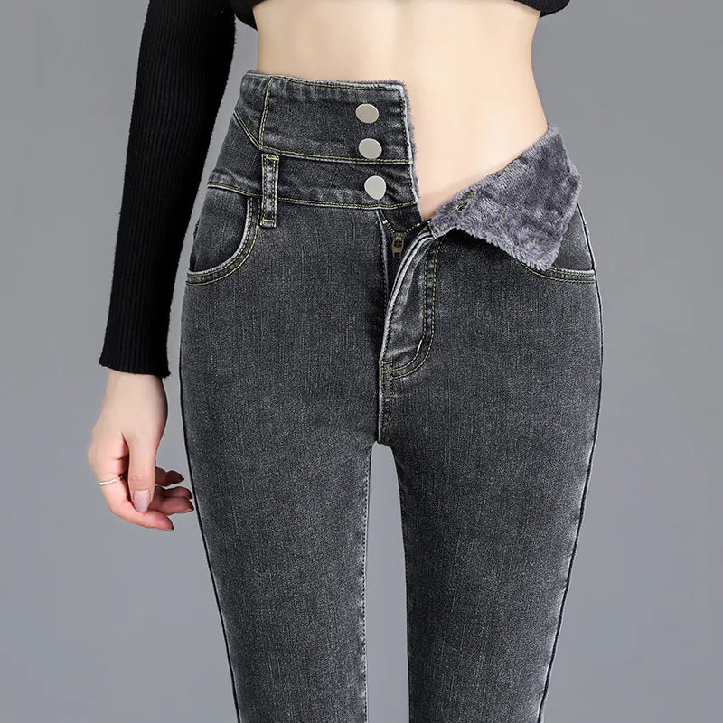 Comfortable High Waist Women's Velvet Lined Jeans