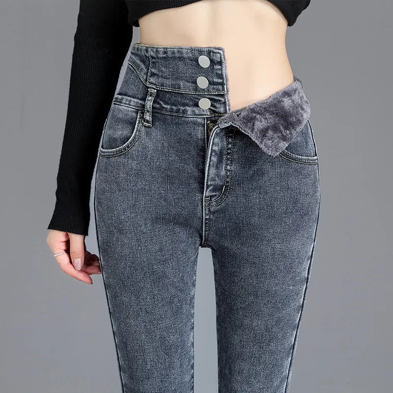 Comfortable High Waist Women's Velvet Lined Jeans