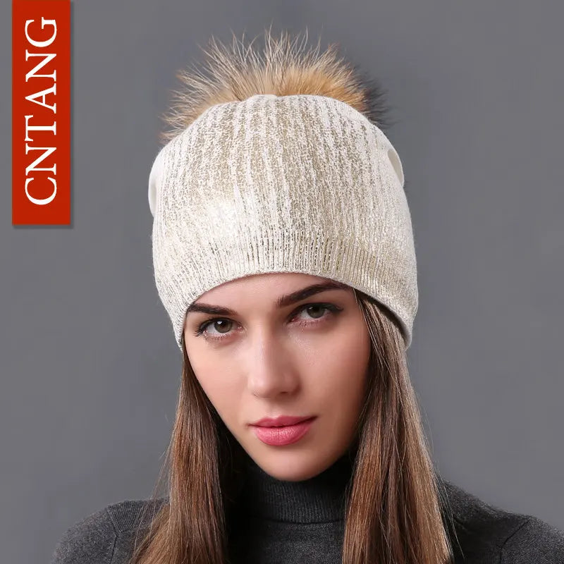 Warm Winter Knit Hat with Faux Fur Pom Pom