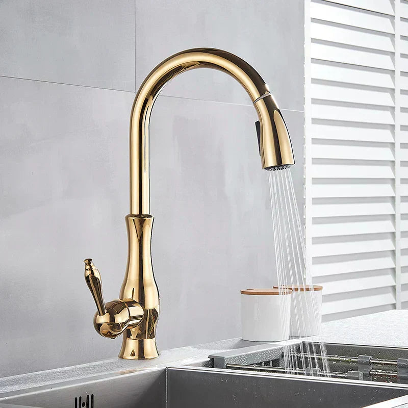 Luxury Gold Kitchen Faucet With Pull Out Spray Head - BritishElegance