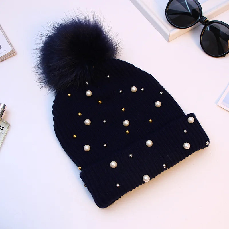 Sparkly Beaded Winter Pom Pom Hat