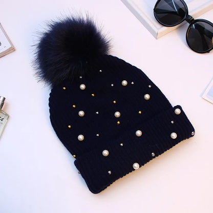 Sparkly Beaded Winter Pom Pom Hat