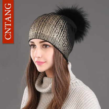 Warm Winter Knit Hat with Faux Fur Pom Pom