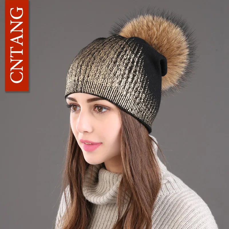 Warm Winter Knit Hat with Faux Fur Pom Pom
