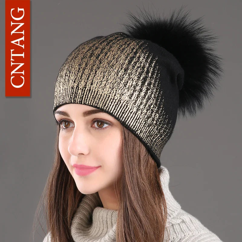 Warm Winter Knit Hat with Faux Fur Pom Pom - BritishElegance