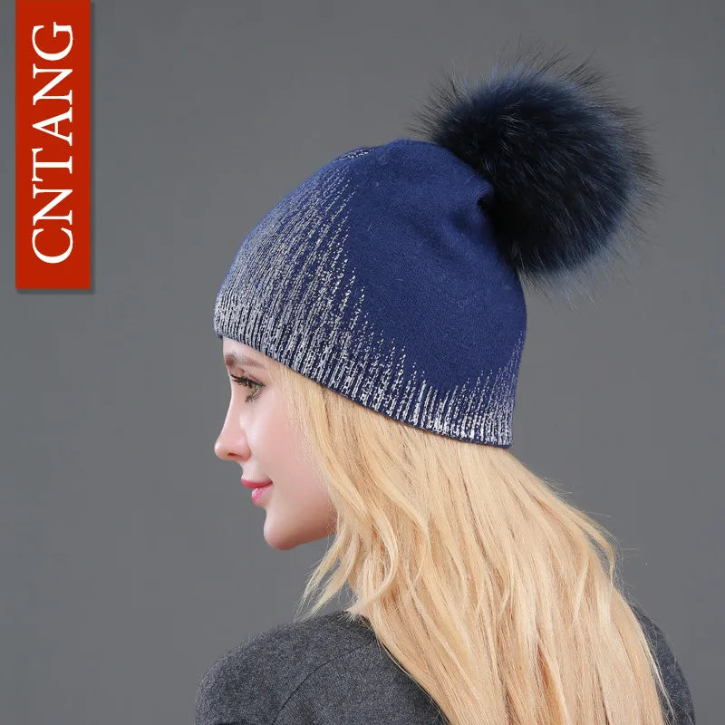 Warm Winter Knit Hat with Faux Fur Pom Pom