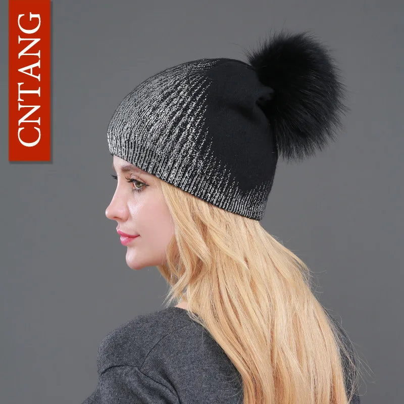 Warm Winter Knit Hat with Faux Fur Pom Pom