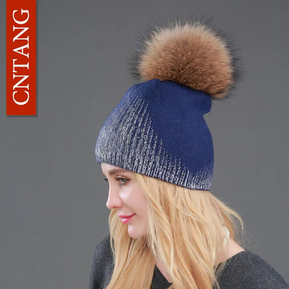 Warm Winter Knit Hat with Faux Fur Pom Pom