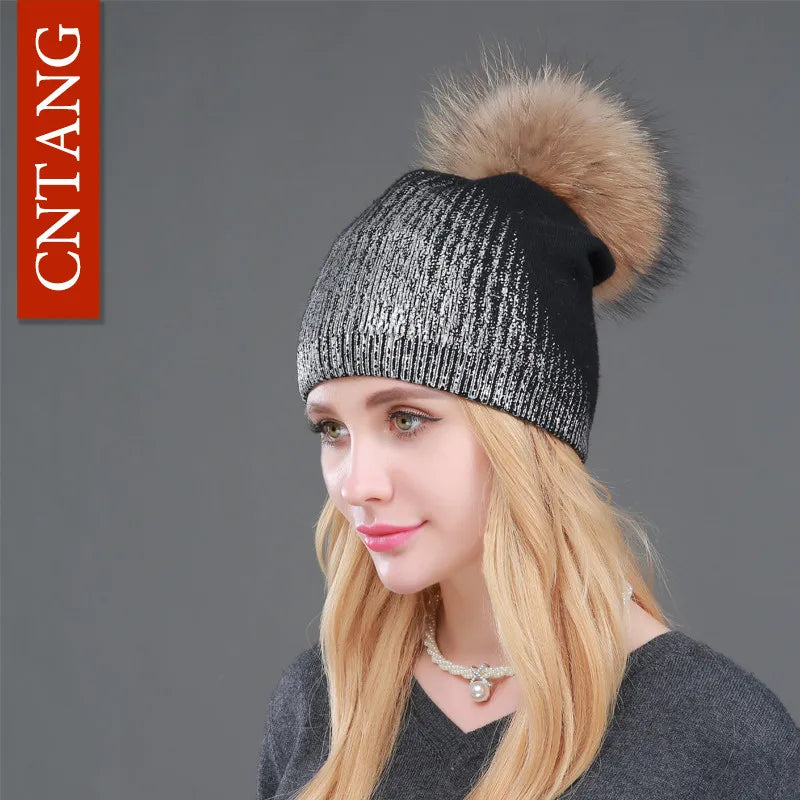 Warm Winter Knit Hat with Faux Fur Pom Pom