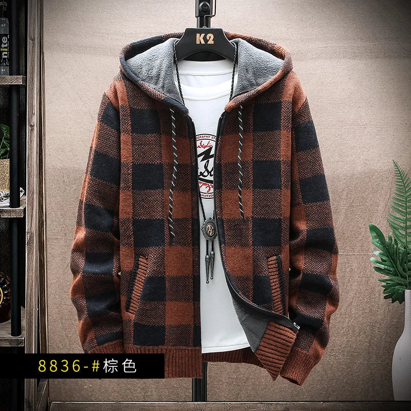 Warm Mens Plaid Hooded Winter Jacket