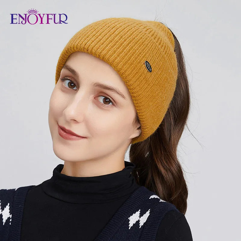Warm Women's Slouchy Knitted Ponytail Hat