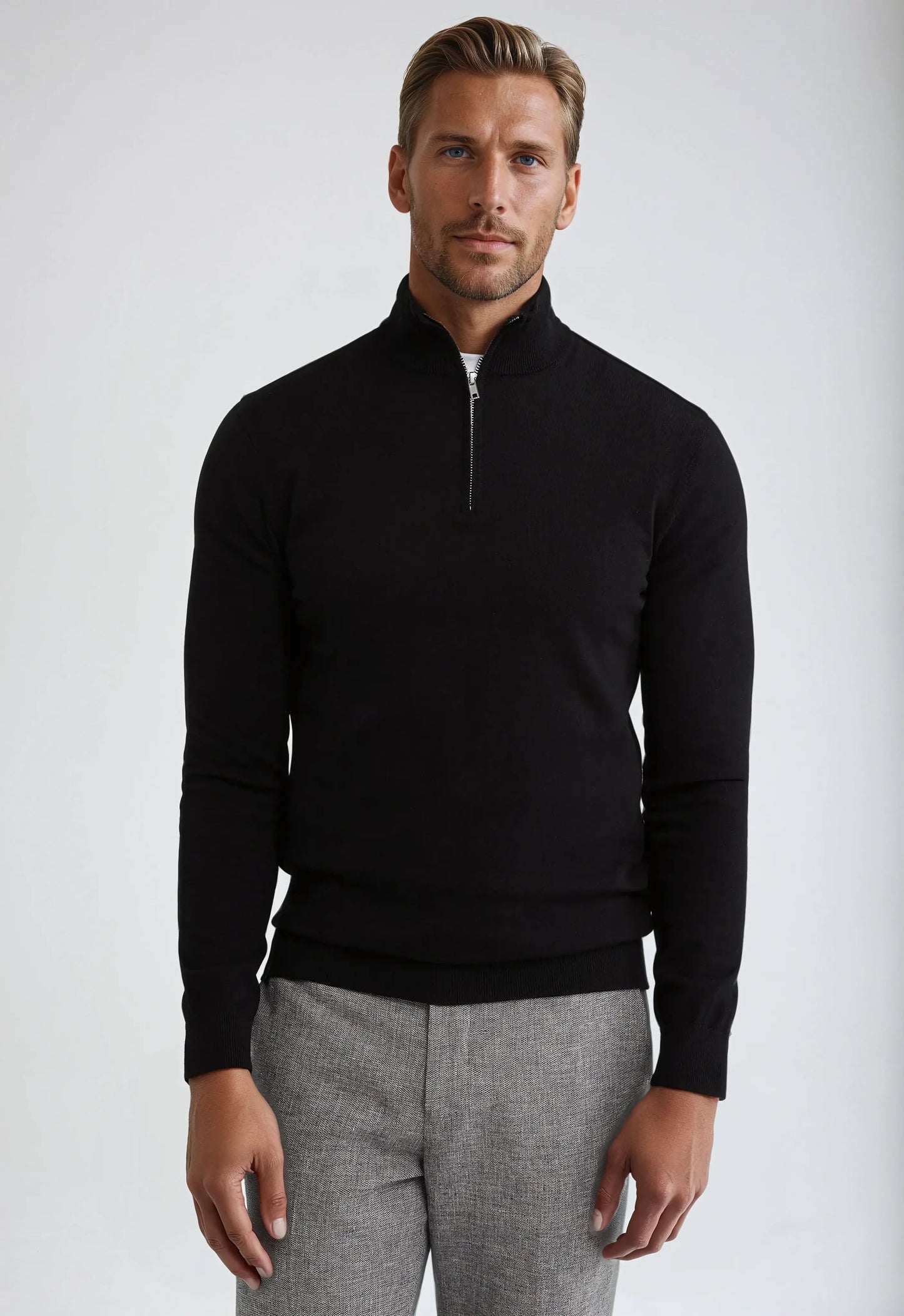 Anton - Men’s Black Cotton Half-Zip Jumper