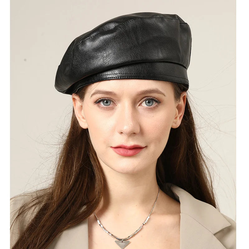 Fashionable Faux Leather Beret Hat - BritishElegance
