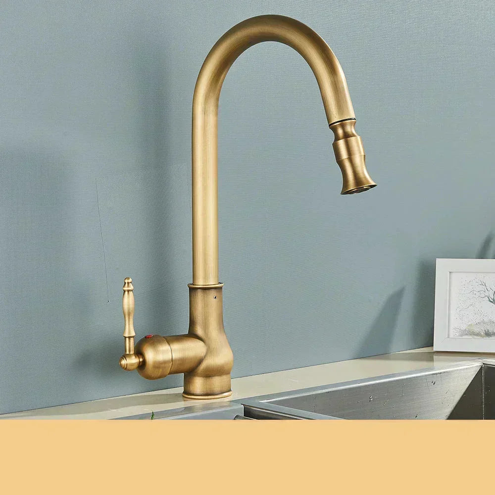 Classic Brass Kitchen Faucet With Rotating Spout And Dark Finish