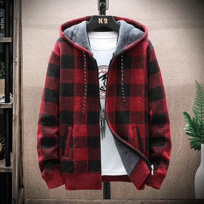 Warm Mens Plaid Hooded Winter Jacket