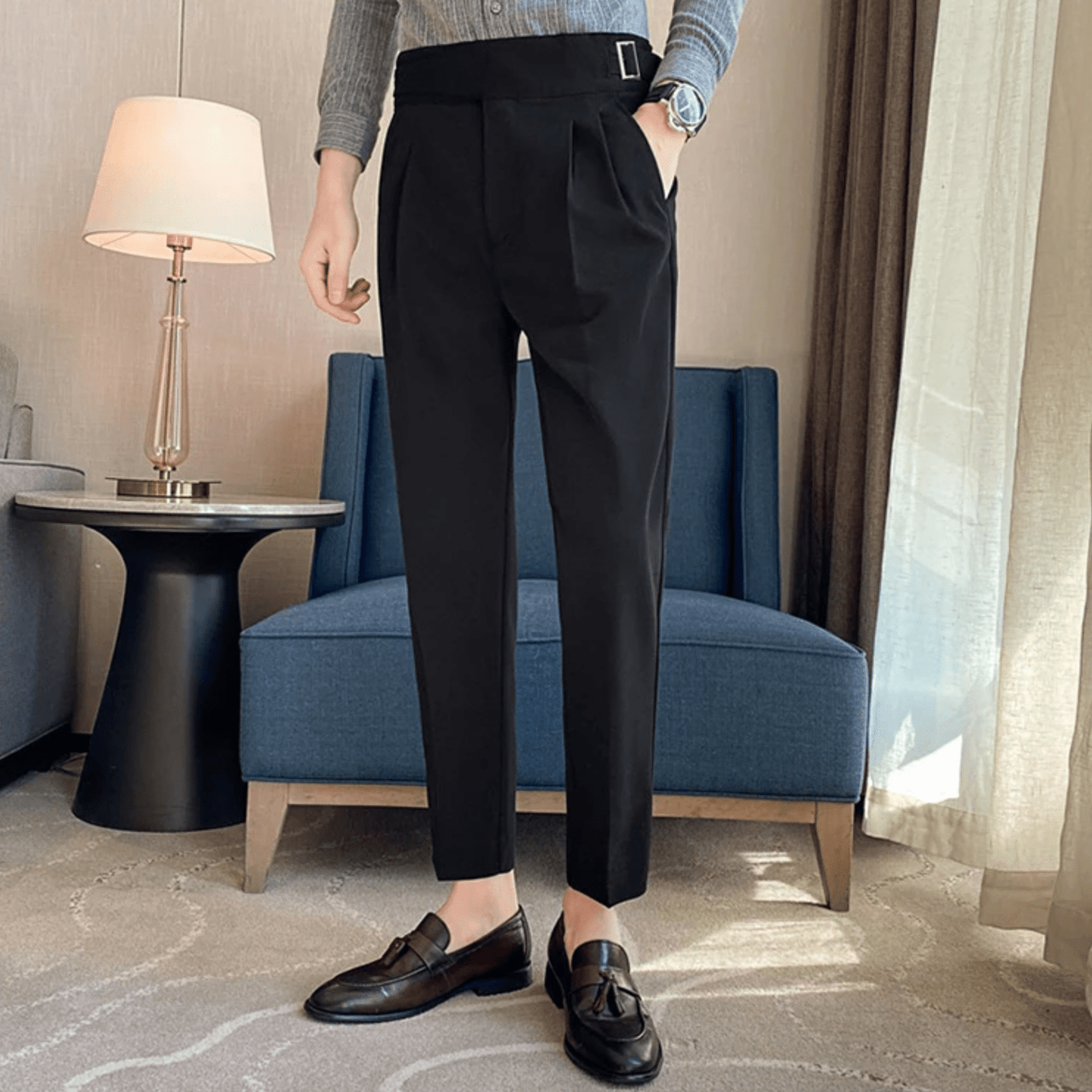High Waisted Pleated Men's Formal Straight Fit Trousers