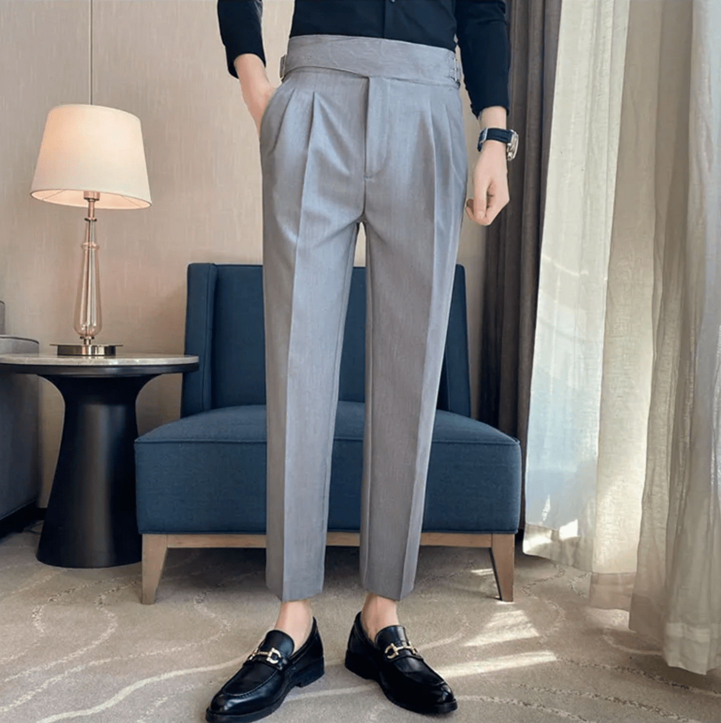 High Waisted Pleated Men's Formal Straight Fit Trousers