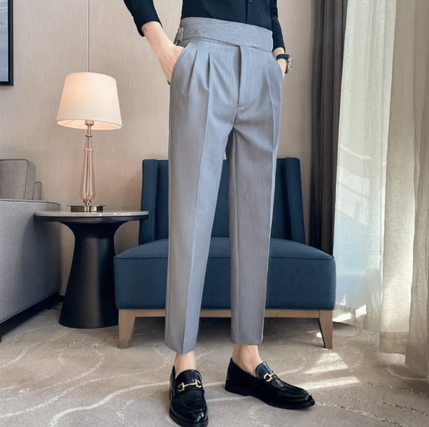 High Waisted Pleated Men's Formal Straight Fit Trousers