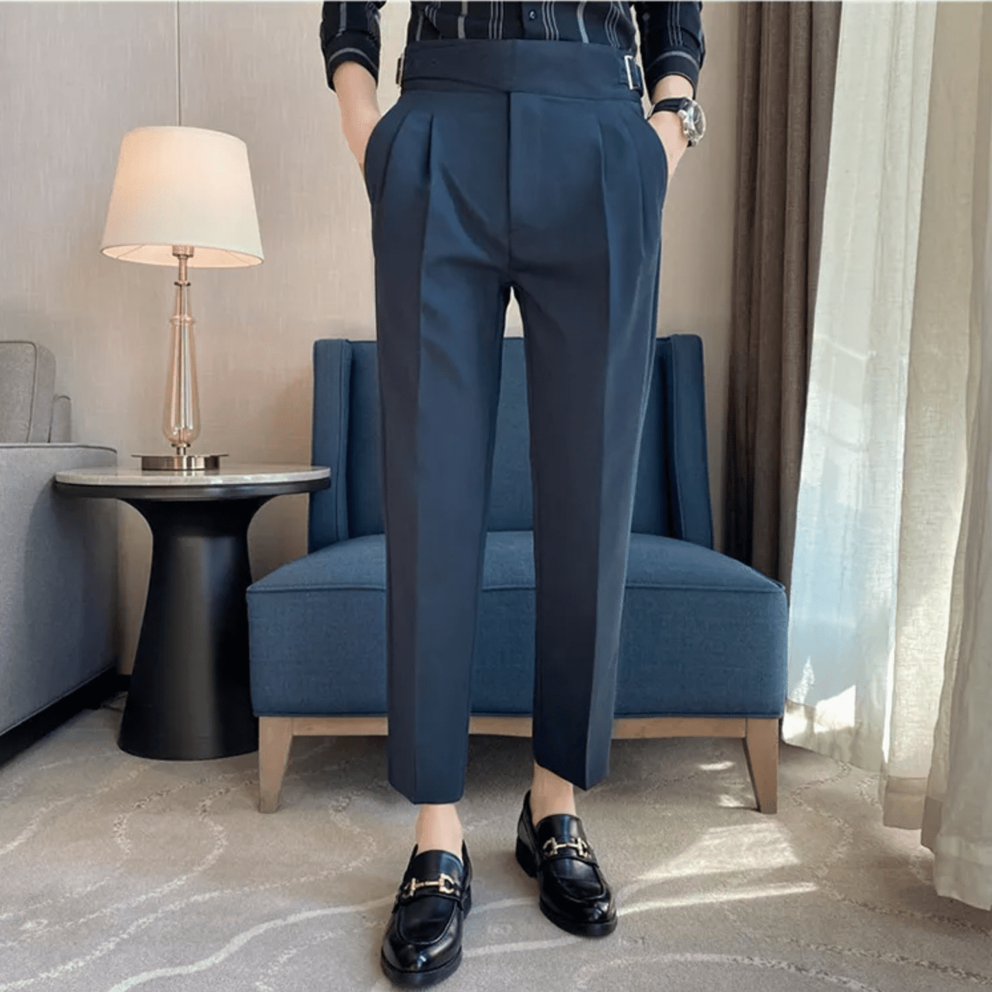 High Waisted Pleated Men's Formal Straight Fit Trousers