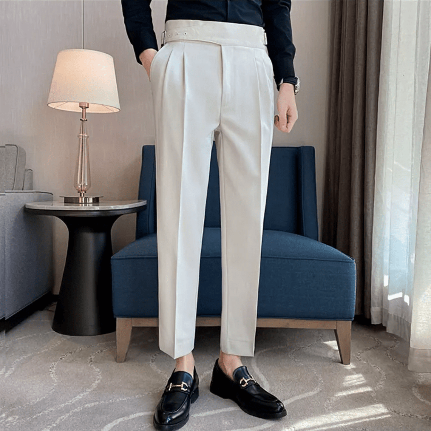 High Waisted Pleated Men's Formal Straight Fit Trousers