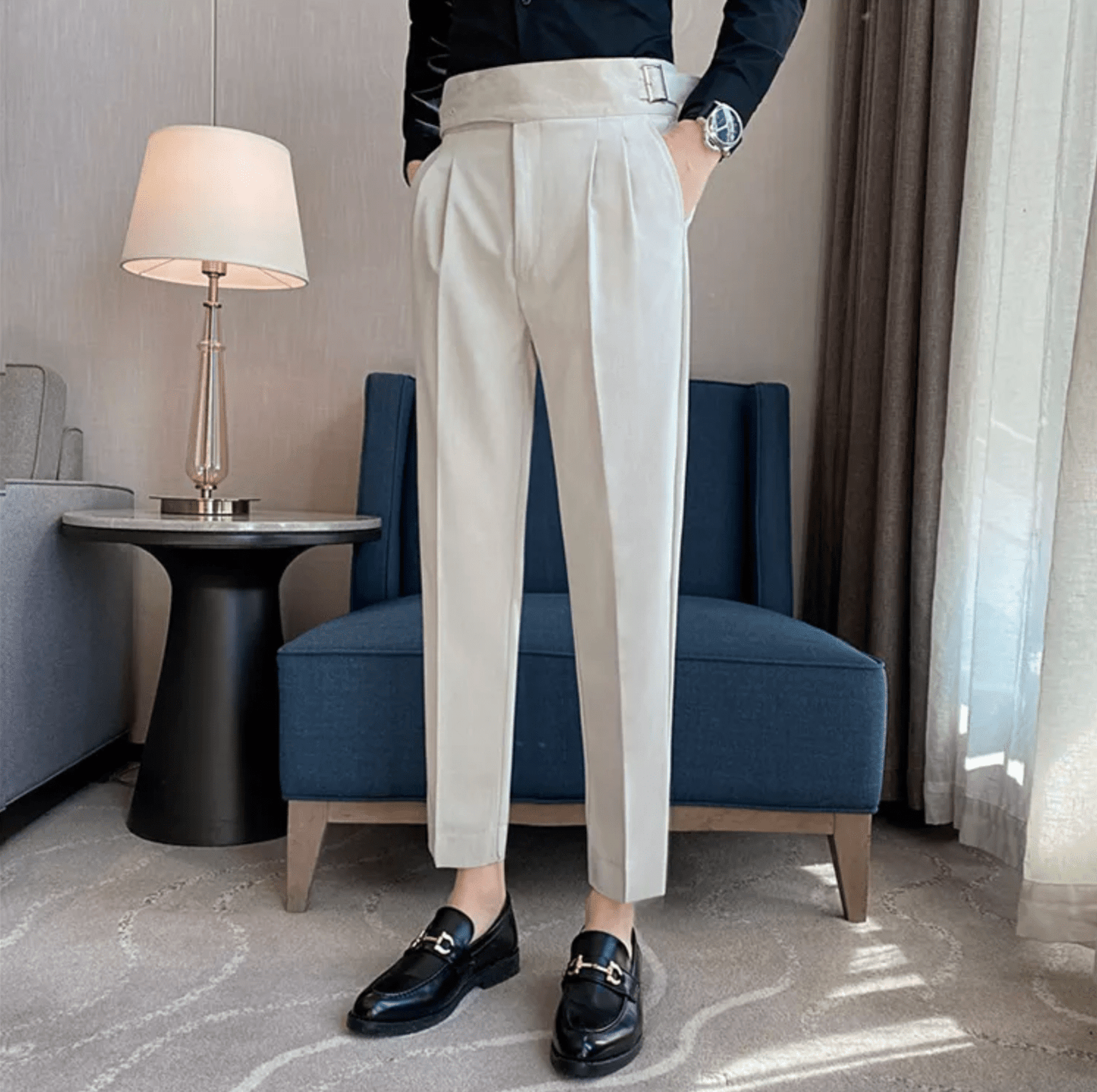 High Waisted Pleated Men's Formal Straight Fit Trousers