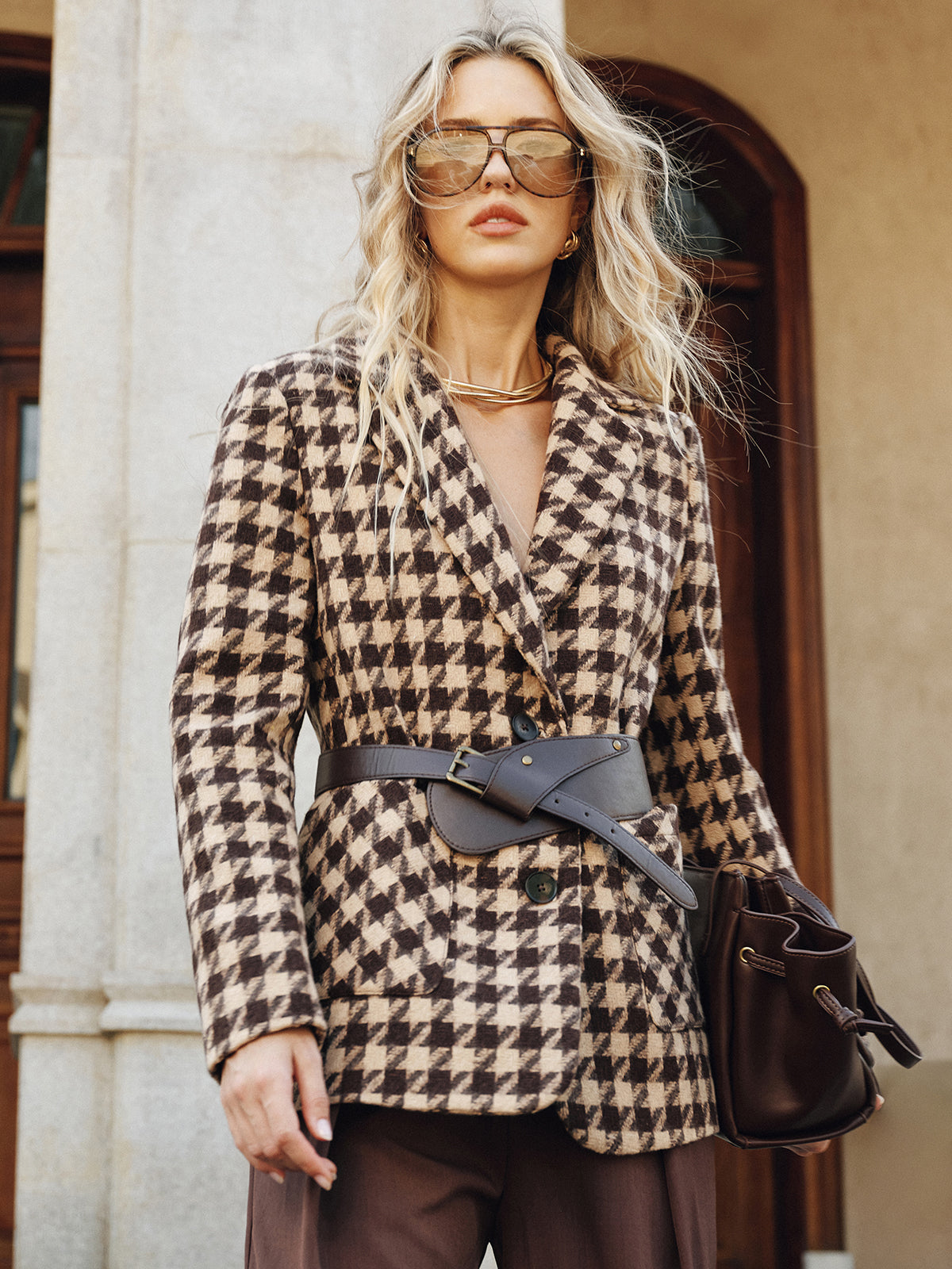 Macie | Houndstooth Belted Blazer