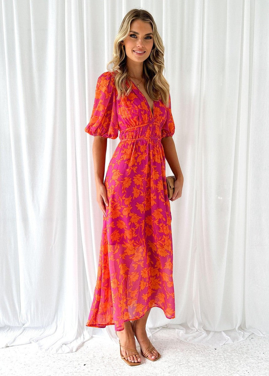Fiorina – Elegant V-Neck Puff Sleeve Midi Dress