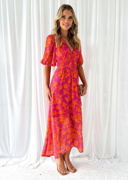 Fiorina – Elegant V-Neck Puff Sleeve Midi Dress