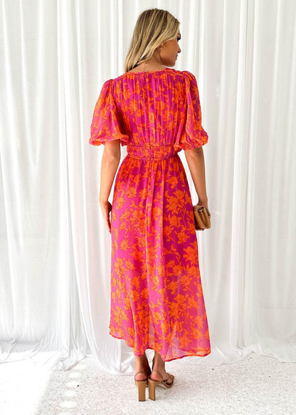 Fiorina – Elegant V-Neck Puff Sleeve Midi Dress