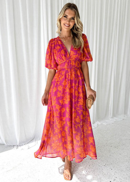 Fiorina – Elegant V-Neck Puff Sleeve Midi Dress