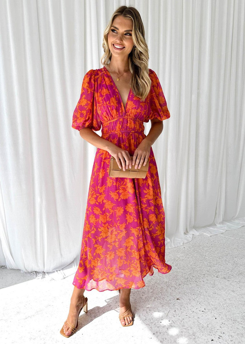 Fiorina – Elegant V-Neck Puff Sleeve Midi Dress