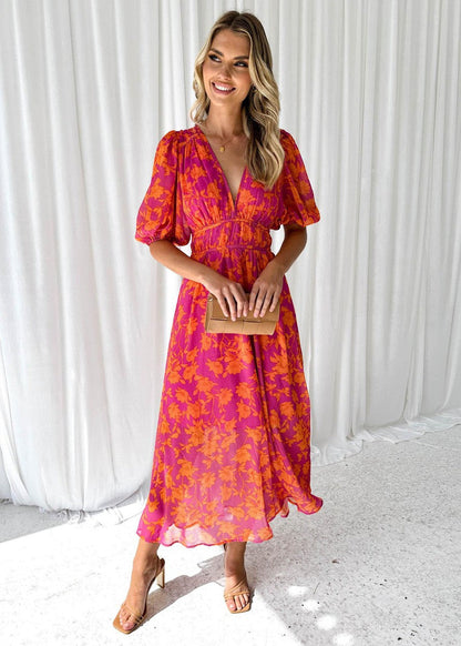Fiorina – Elegant V-Neck Puff Sleeve Midi Dress