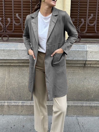 Classic Women's Suede Open Front Jacket with Pockets