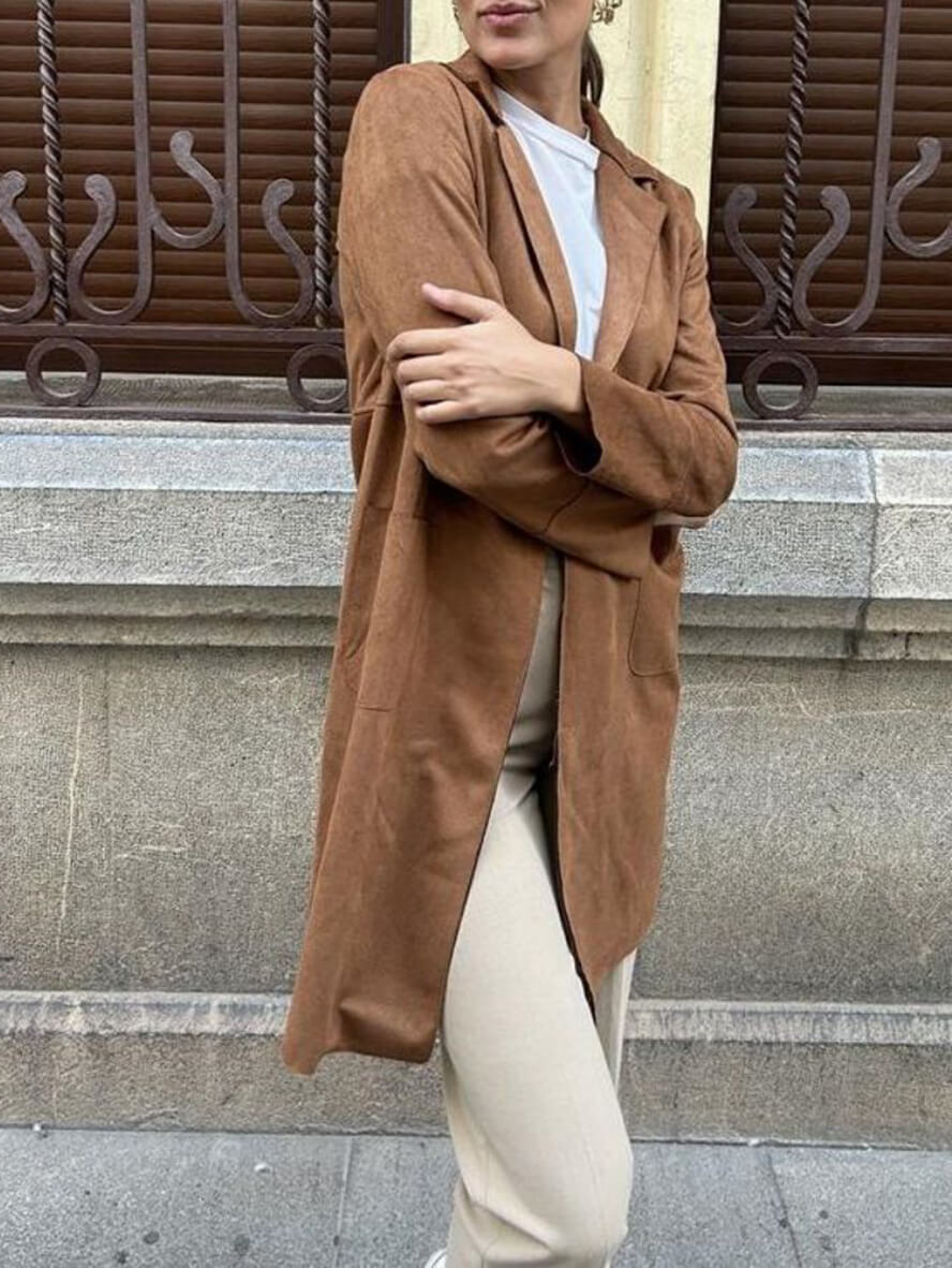 Classic Women's Suede Open Front Jacket with Pockets - BritishElegance