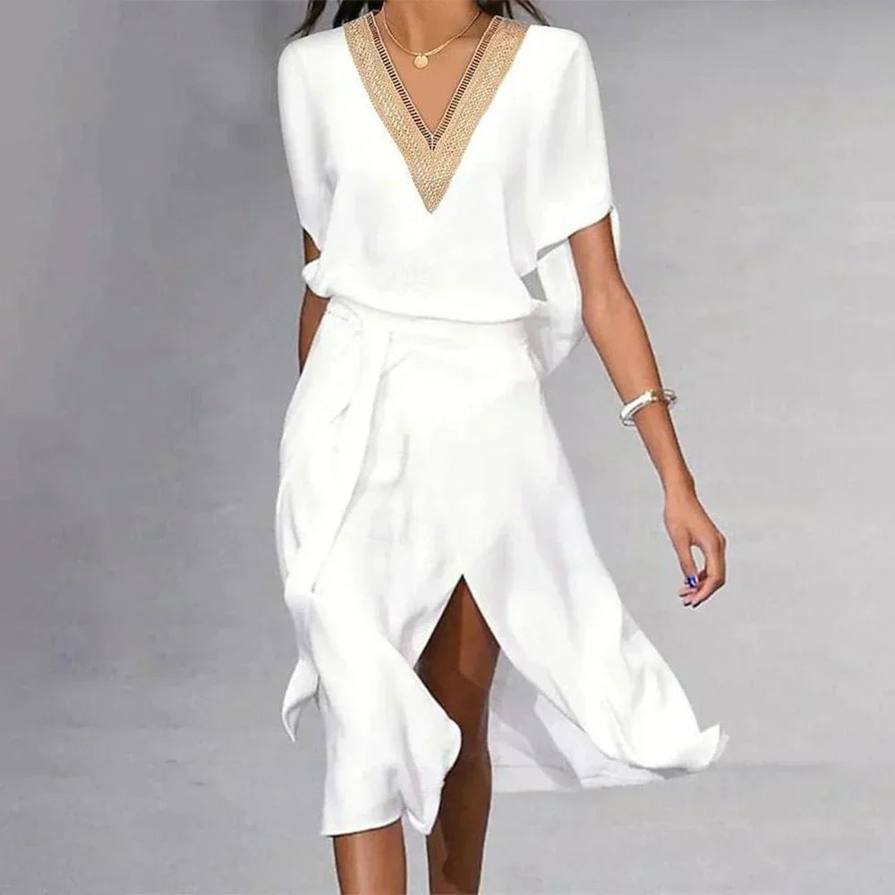 Elegant V-Neck Dress for Women in Eco Friendly Fabric - BritishElegance