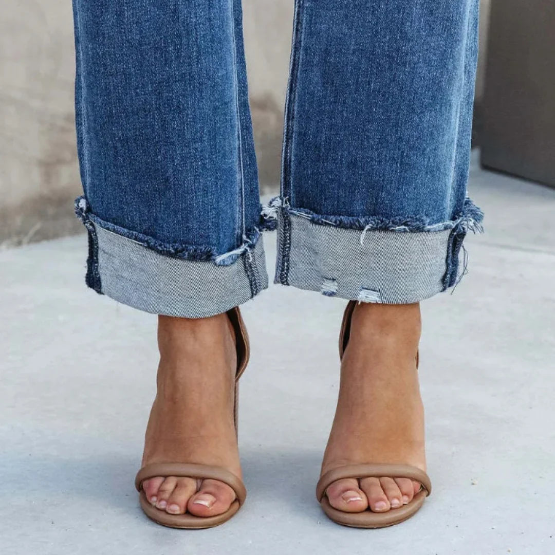 Isla Jeans | High Waist Straight-Leg Distressed Cuffed Jeans