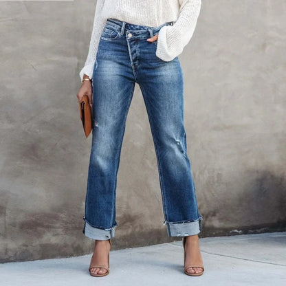 Isla Jeans | High Waist Straight-Leg Distressed Cuffed Jeans