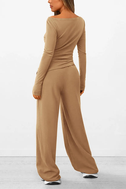 Long Sleeve T-Shirt Wide Leg Pants Casual 2 Piece Sets