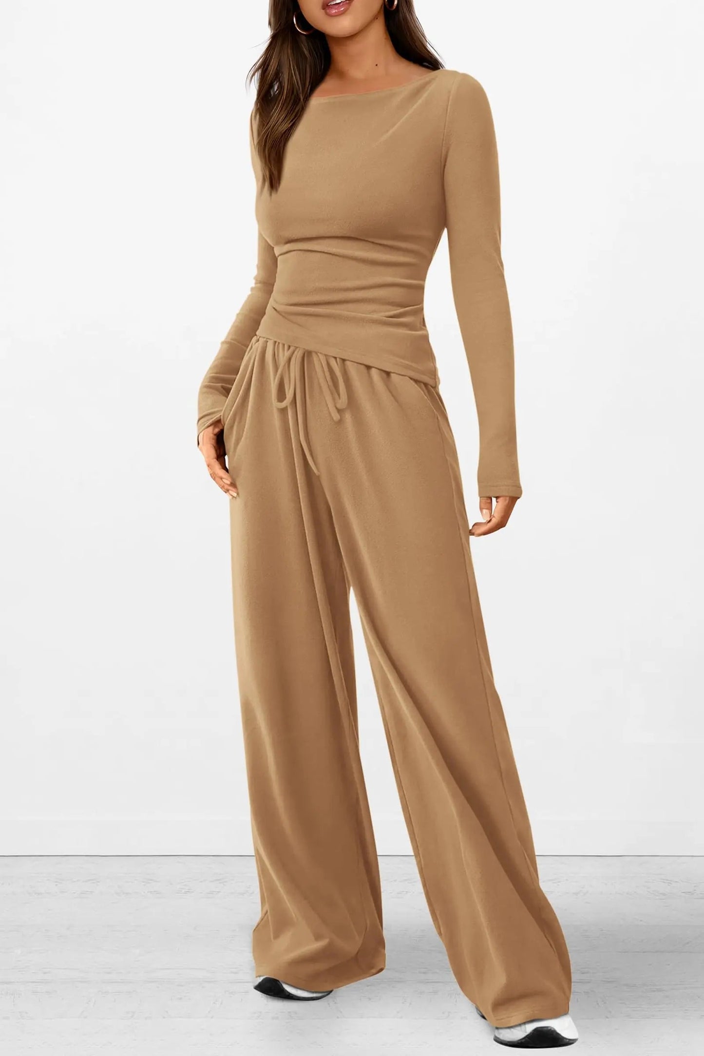 Long Sleeve T-Shirt Wide Leg Pants Casual 2 Piece Sets