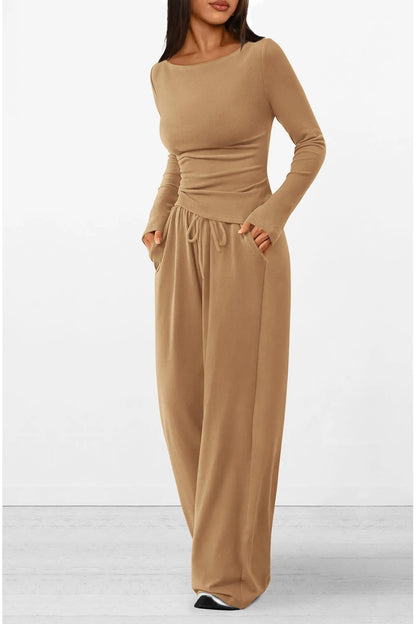 Long Sleeve T-Shirt Wide Leg Pants Casual 2 Piece Sets